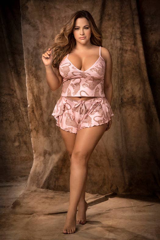 Two Piece Pajama Set. Top and Shorts Wlid Pink-Plus