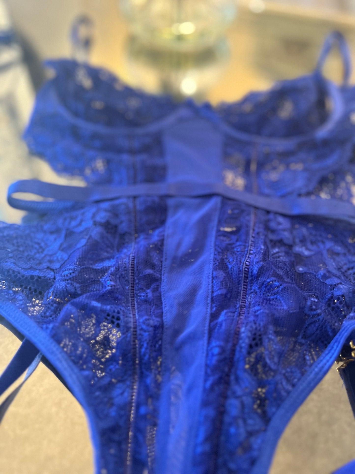 Royal Blue Lingerie Teddy with Lace removable garters