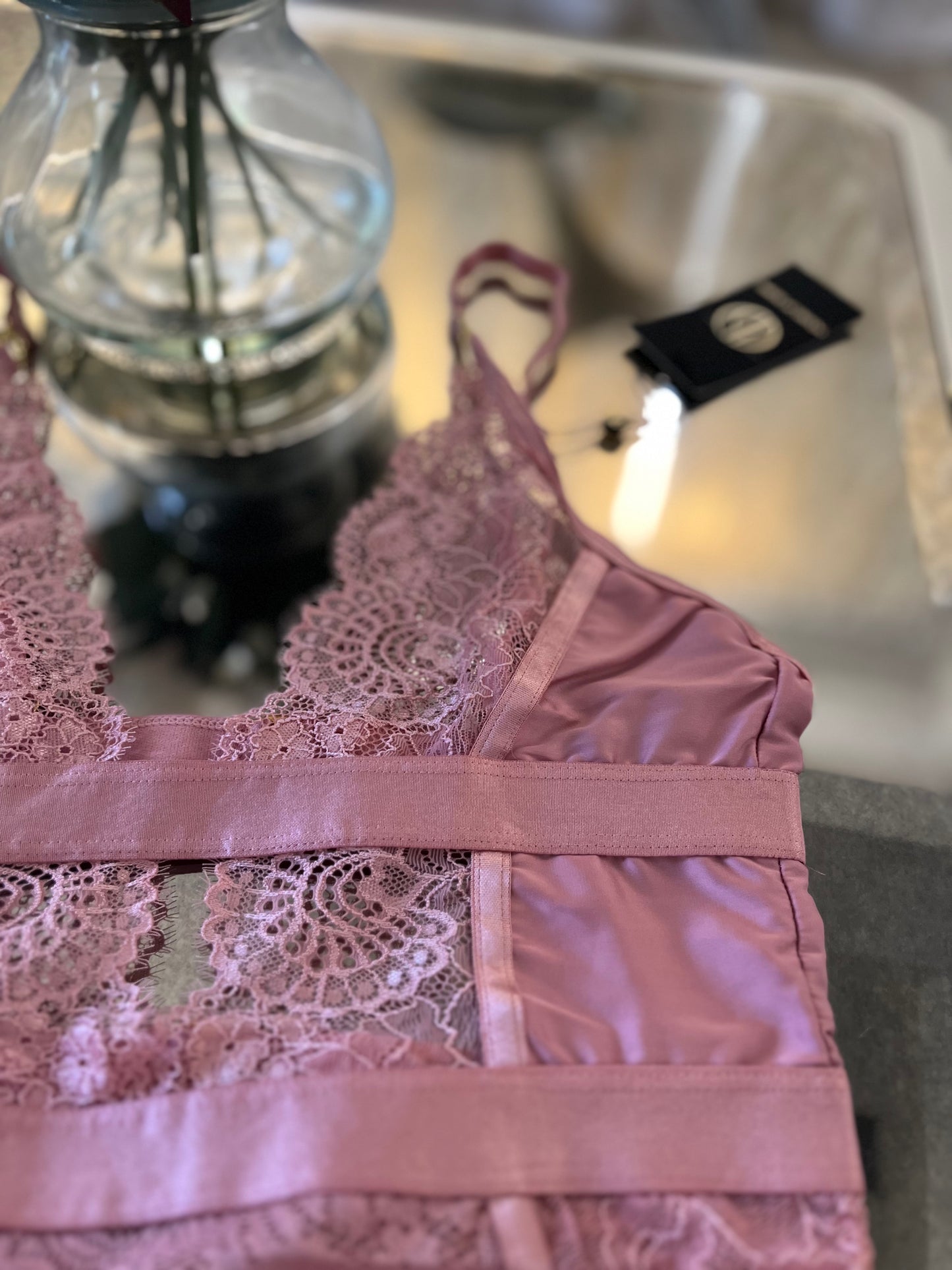Pretty in Pink Lingerie teddy with lace and removable garters