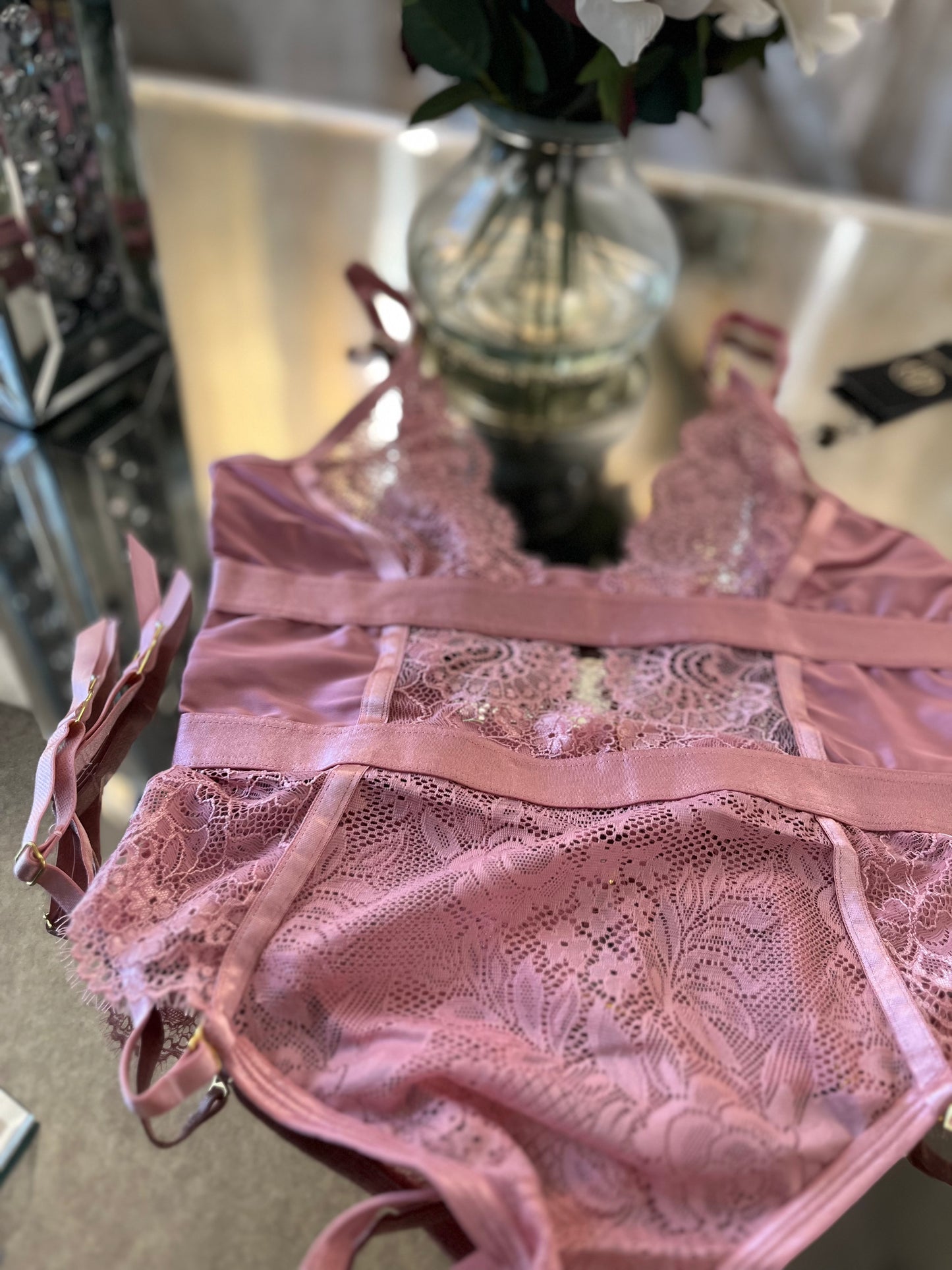 Pretty in Pink Lingerie teddy with lace and removable garters