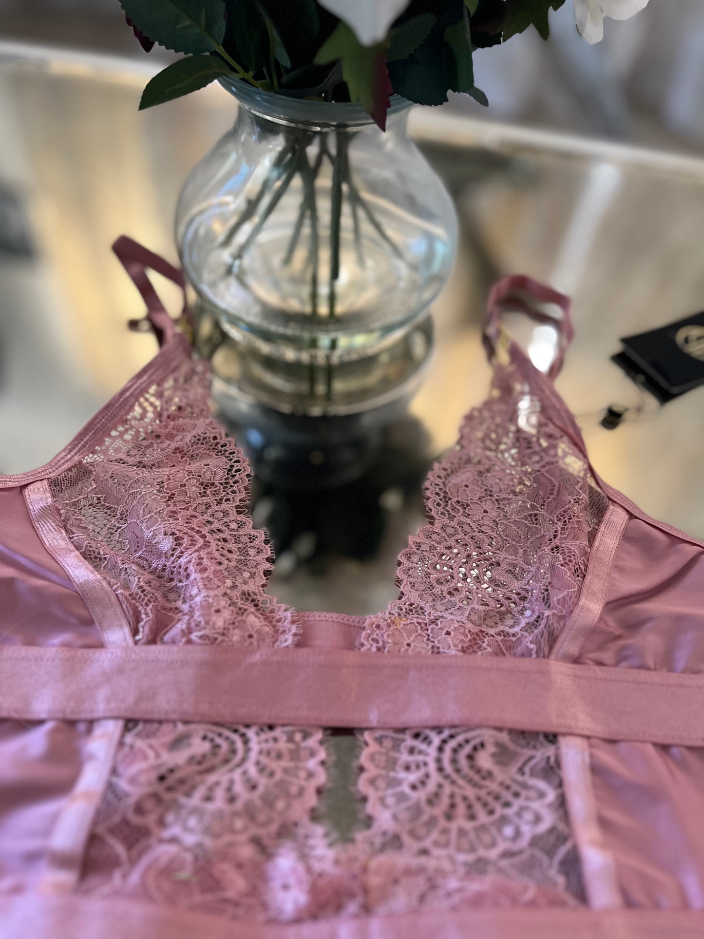 Pretty in Pink Lingerie teddy with lace and removable garters