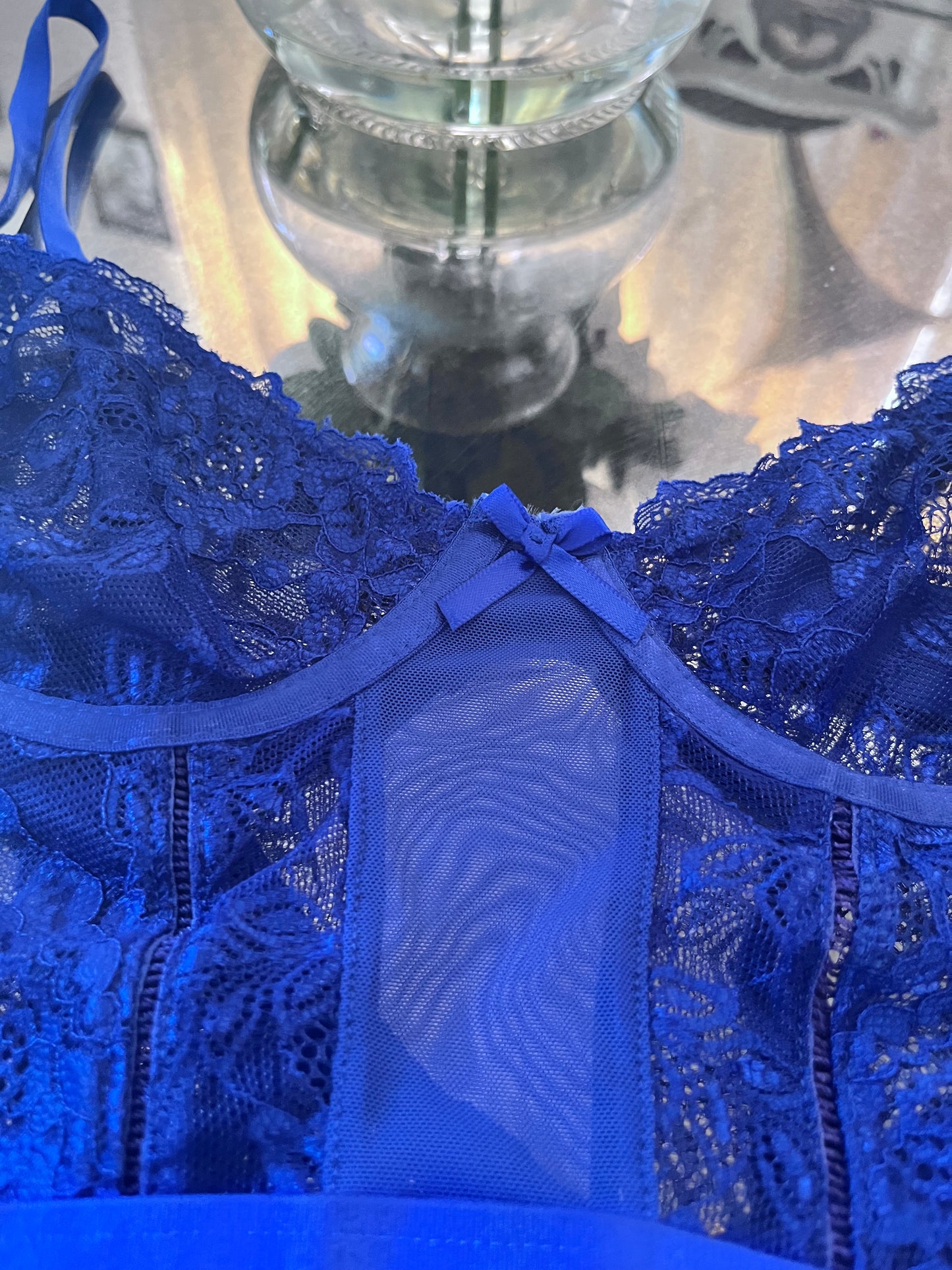 Royal Blue Lingerie Teddy with Lace removable garters