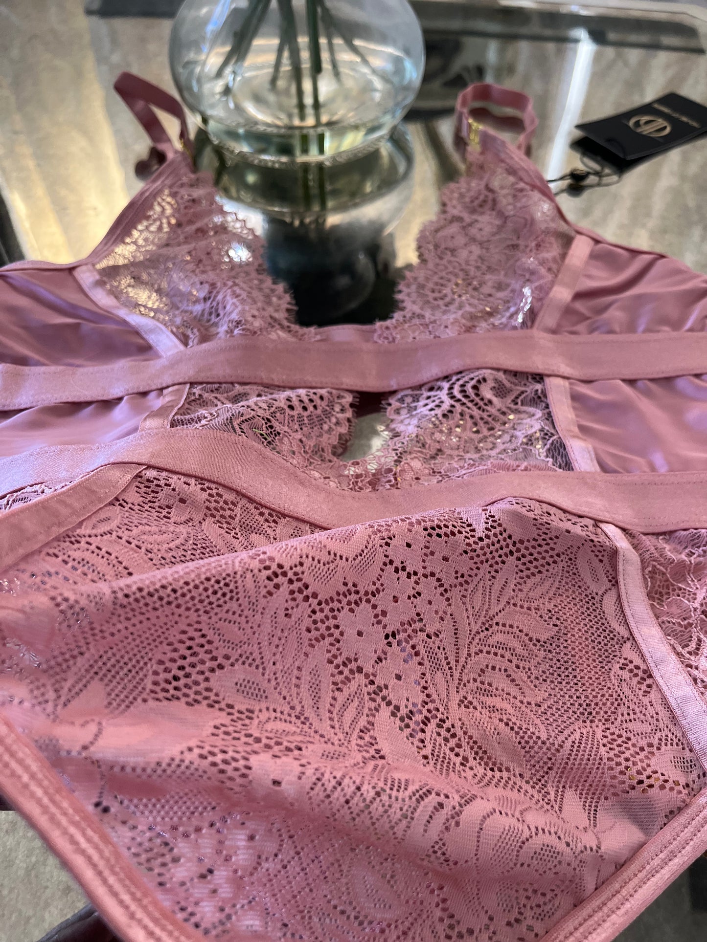 Pretty in Pink Lingerie teddy with lace and removable garters