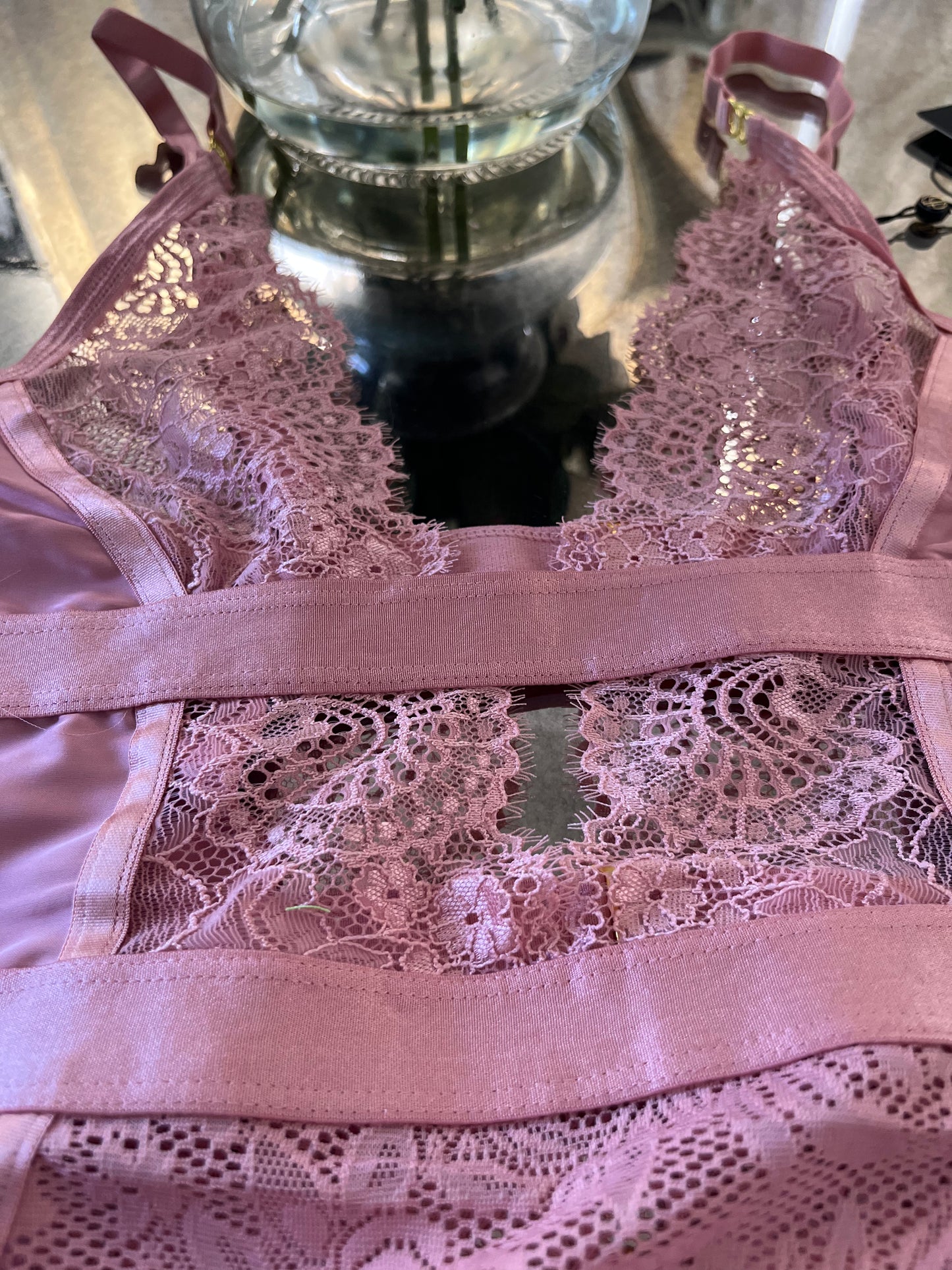 Pretty in Pink Lingerie teddy with lace and removable garters