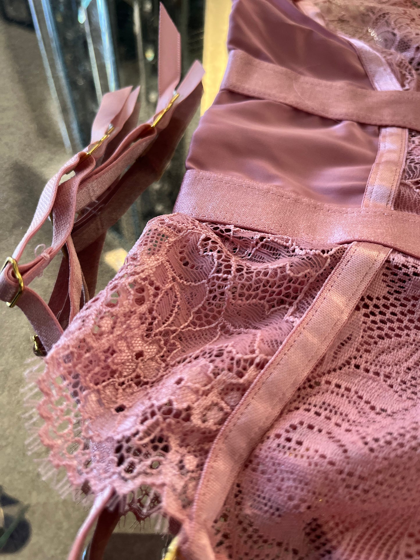 Pretty in Pink Lingerie teddy with lace and removable garters