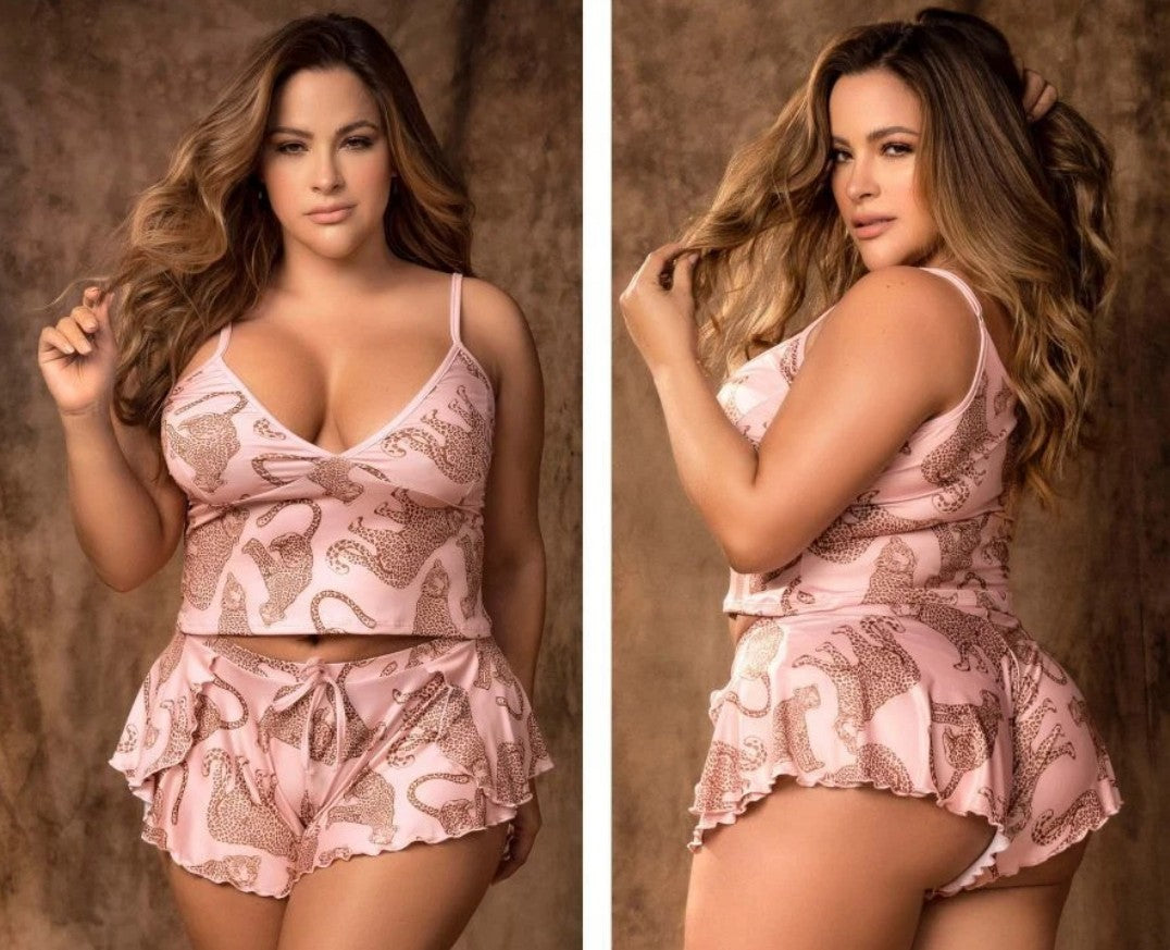 Two Piece Pajama Set. Top and Shorts Wlid Pink-Plus