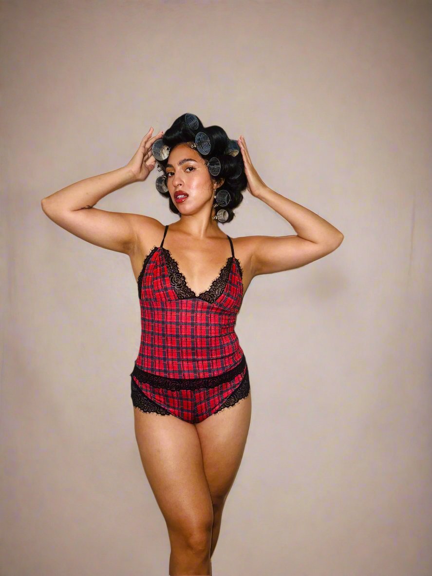 Red plaid lace trim cami and shorts set front view