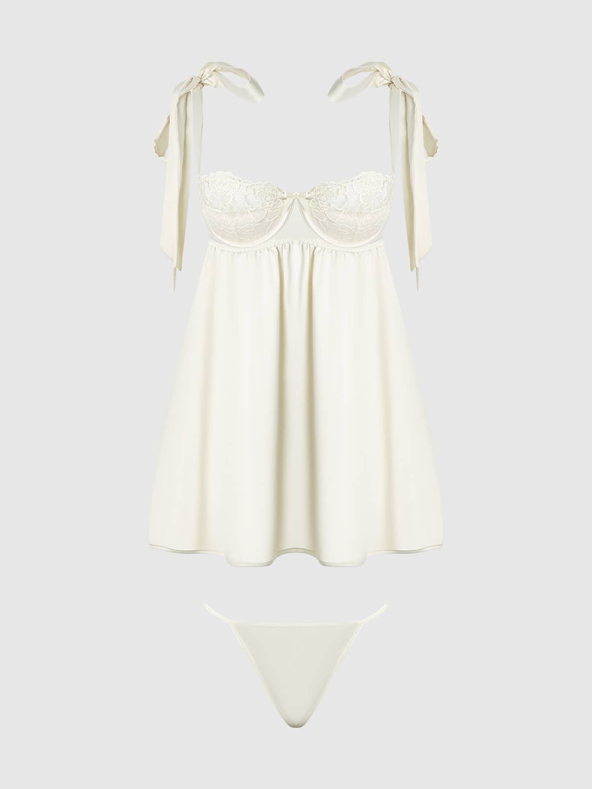 BRIDAL SATIN & EMBROIDERED LACE Off White BABYDOLL & G-STRING SET
