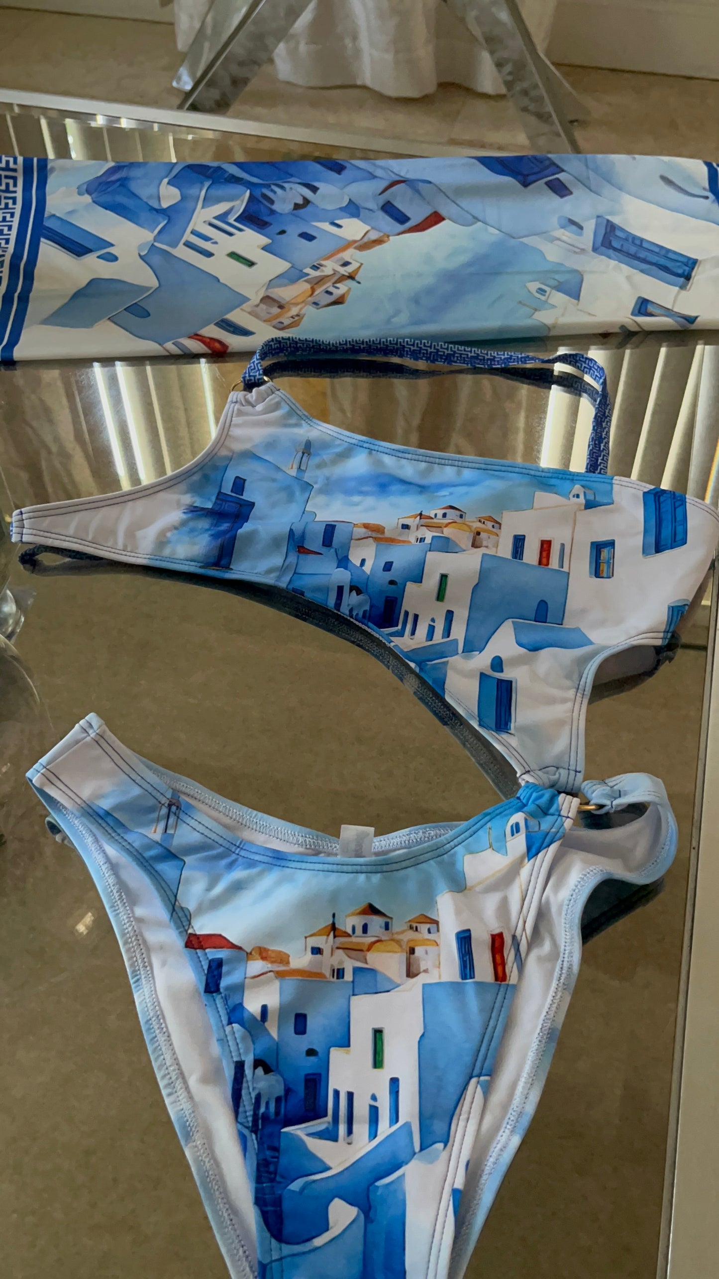 Santorini Blue Asymmetrical One-Piece with Matching Head Scarf