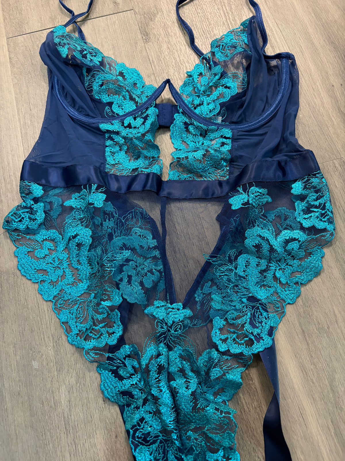 Midnight Blue Embroidered Lace Teddy Bodysuit