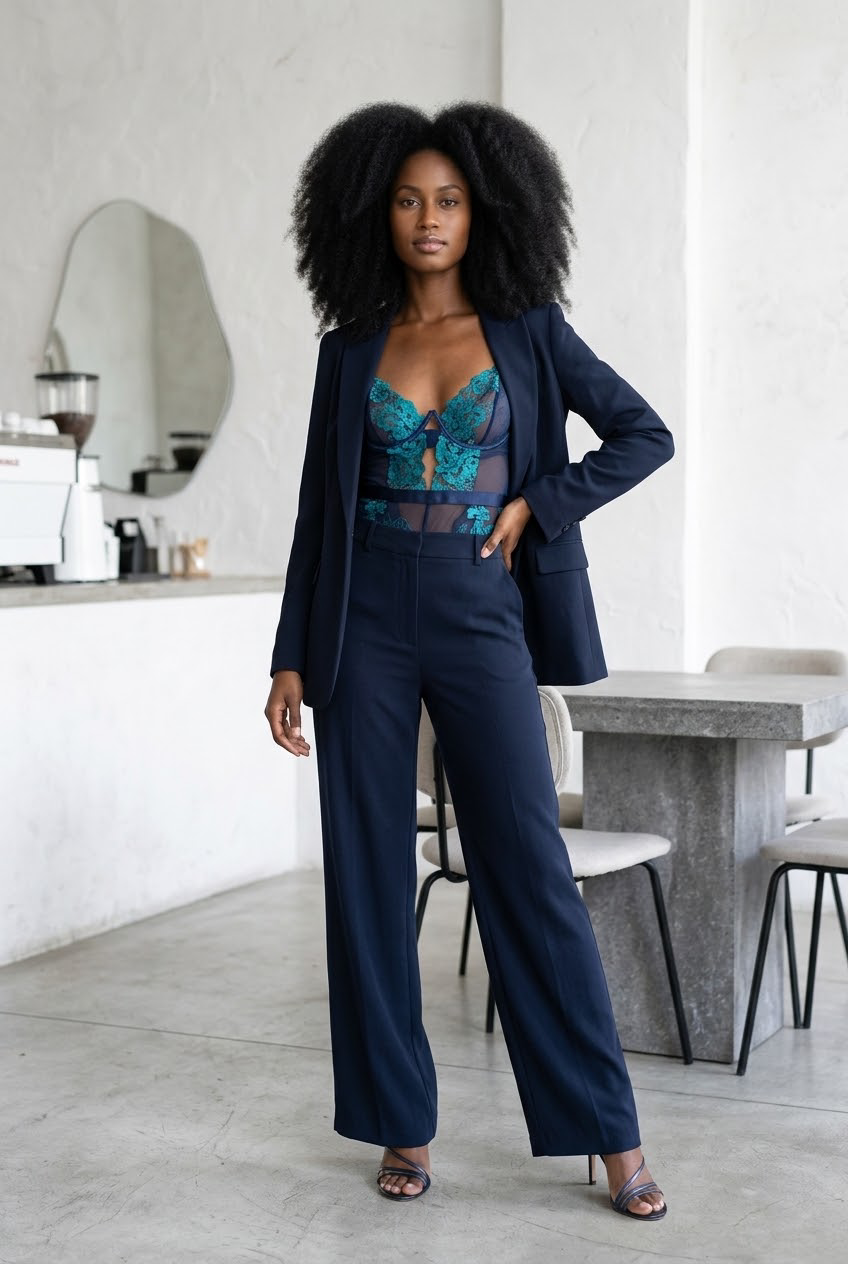 Midnight Blue Embroidered Lace Teddy Bodysuit