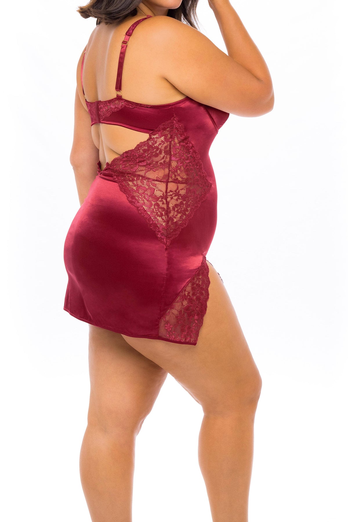Close up of high apex plunging neckline and lace on Allegra babydoll