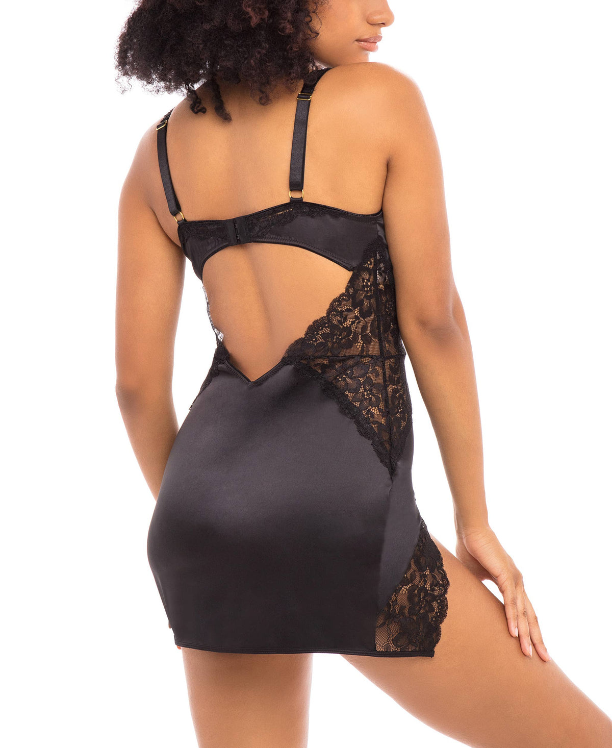 Allegra plus size rhubarb satin and lace plunge babydoll back view