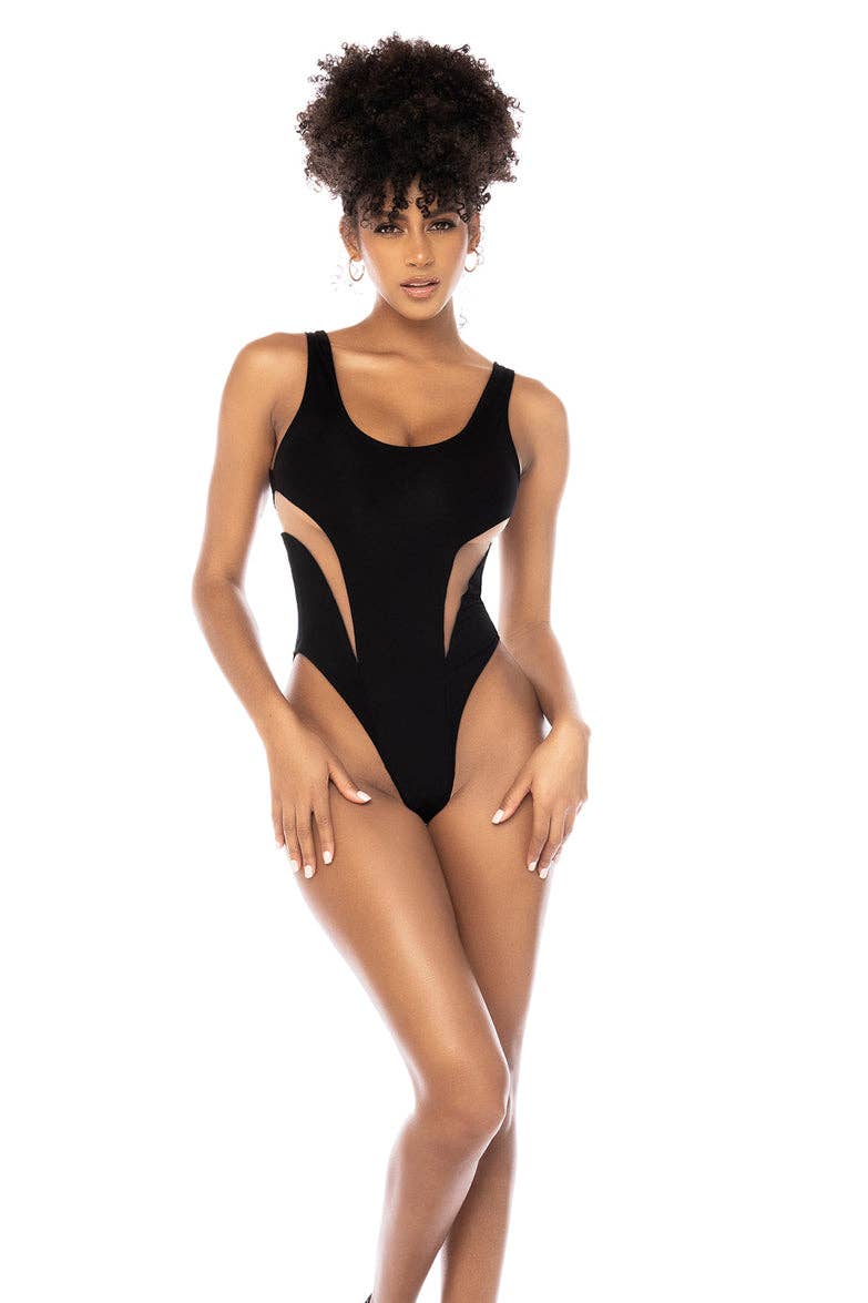 Black nude cut-out swimsuit front view
