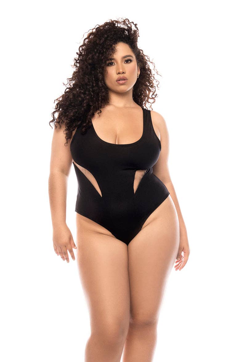 Black and nude one-piece swimsuit front view