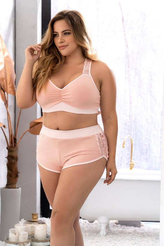 Blush ribbed racerback bra and shorts lounge set front view