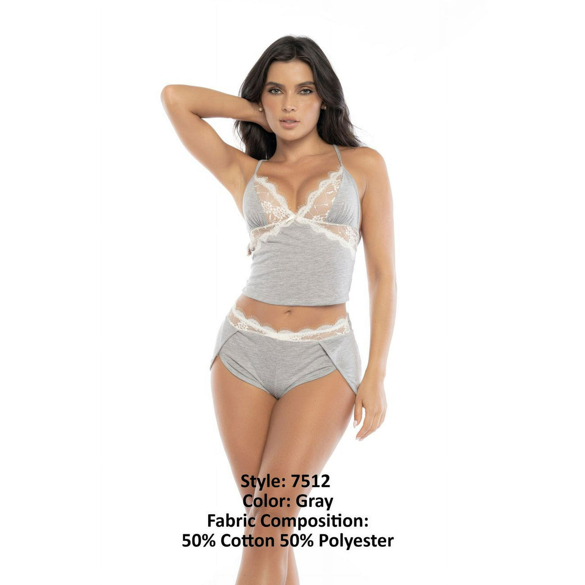 Grey lounge shorts with lace trimmed waistband