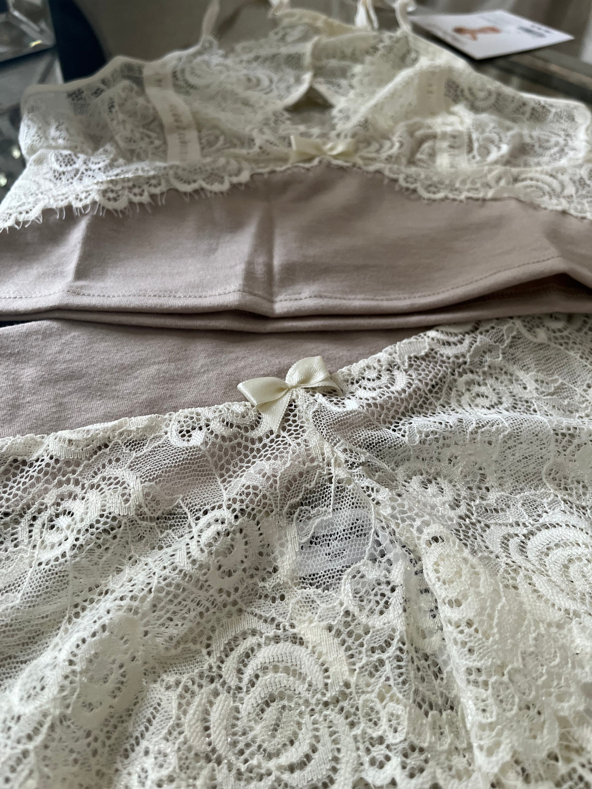 Ivory lace bra and shorts set styled look