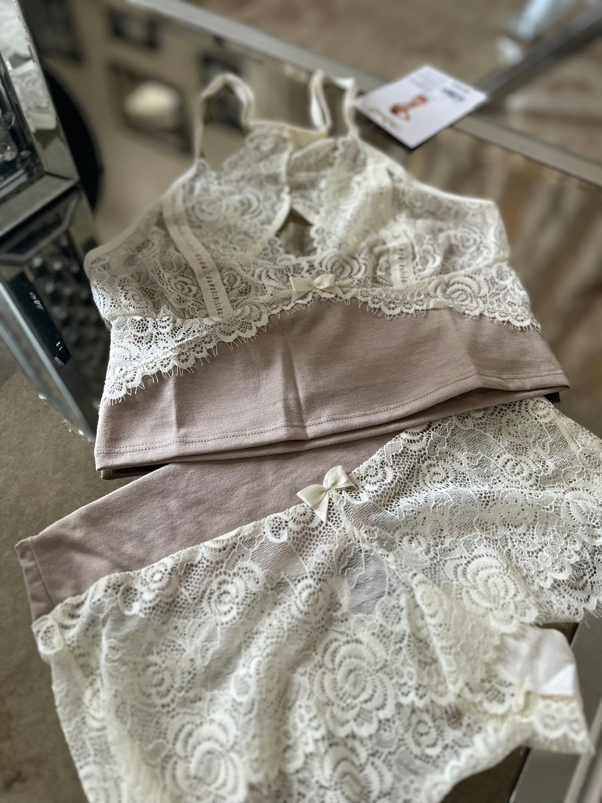 Ivory lace shorts detail