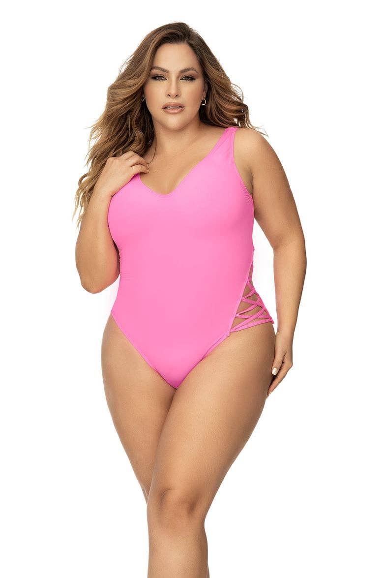 Pink cut-out one-piece swimsuit front view
