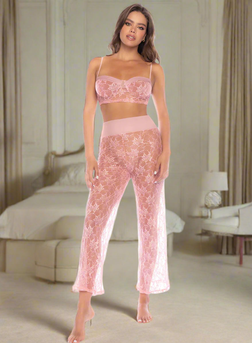 Rose floral lace two piece pajama set front view