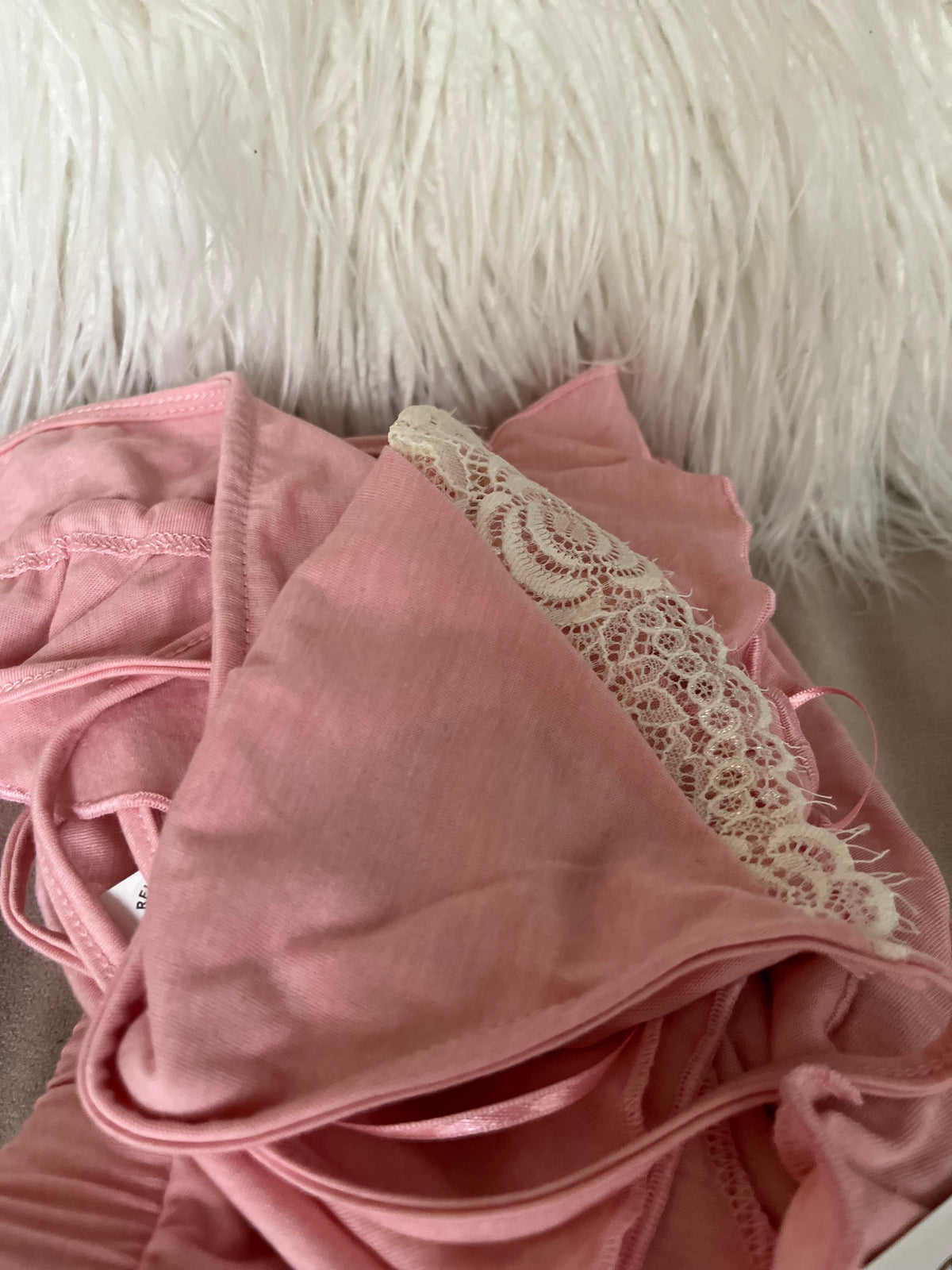 Wearing rose halter ruffle lingerie set