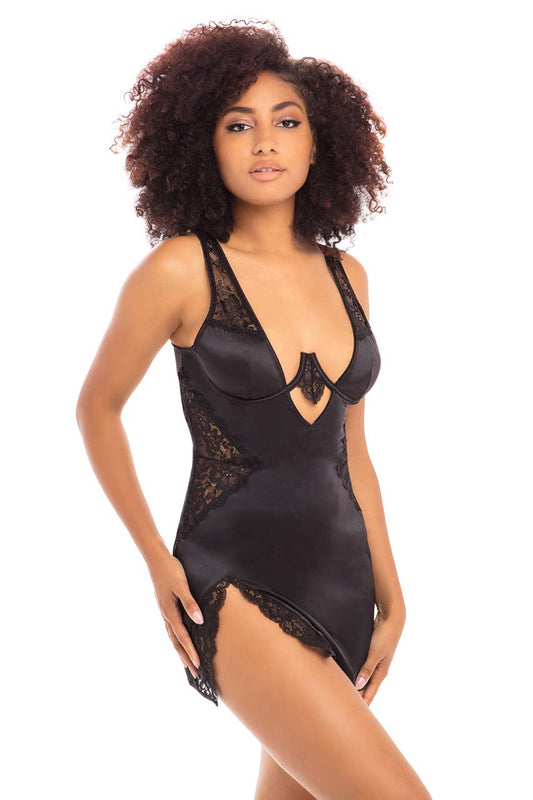Allegra plus size rhubarb satin and lace plunge babydoll front view